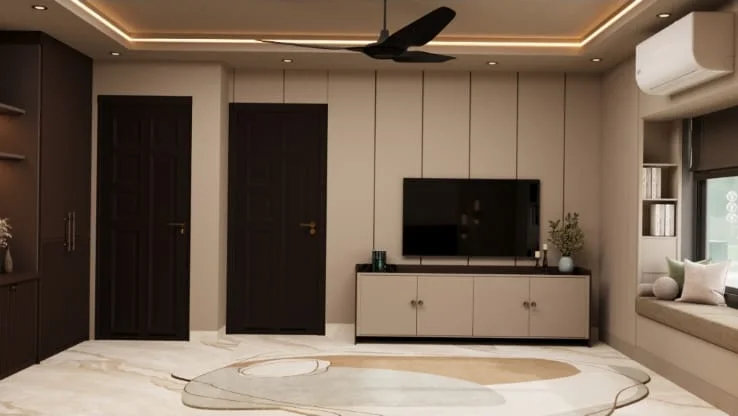 Bedroom TV wall with continuous dark joinery wardrobes, an integrated TV unit and a window seat visible at the right