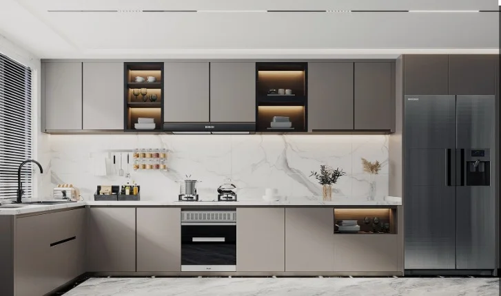 L-shaped modular kitchen in grey matte finish with amber under-cabinet LED lighting, open display shelves and a white marble slab backsplash